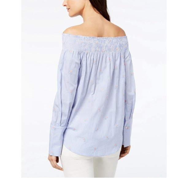 TOMMY HILFIGER Striped Embroidered Floral Off Shoulder Top - Size  XS - Picture 2 of 2